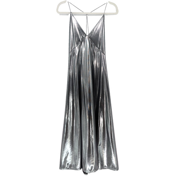 Zara Silver Liquid Metallic Maxi Slip Dress Glam Avant Garde Babydoll 90s Small - Picture 5 of 16
